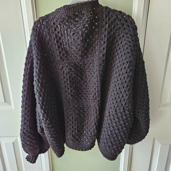 Crochet Knit Handmade Black Cardigan Sweater Balloon Sleeve Cottagecore O/S - Picture 8 of 12